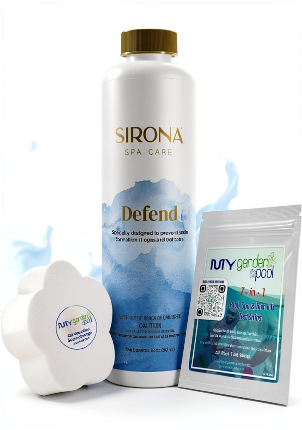 Sirona 82114 Defend, 32 fl Oz – Includes My Garden Pool 20 Ct. Test Strips & Scum Sponge – Prevents Scale & Staining for Clear & Balanced Spa Water-0